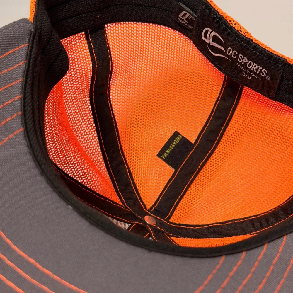 OC Sports Interstates Trucker Hat Grey‎ Neon Orange Mesh Stretch Fit S/M Q3 Cap